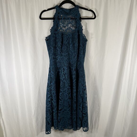 Eliza J Dress Womens 6 Green Floral Lace Overlay Zip Back Sleeveless Knee Length - Picture 1 of 12